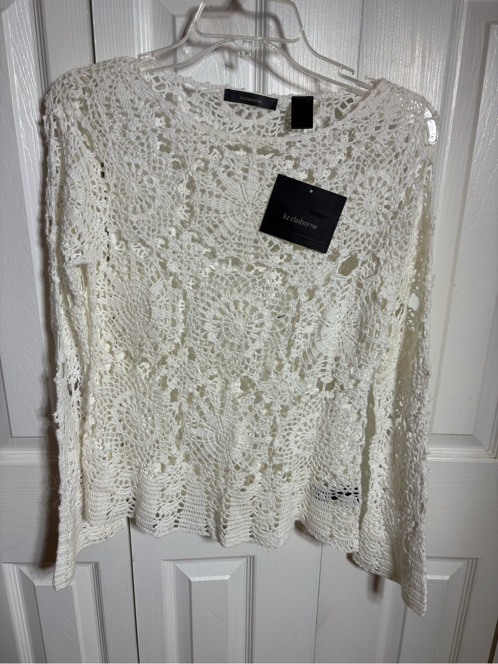 Liz Claiborne Cream Crochet Open-Knit Long Sleeve Top